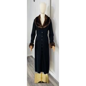 VTG Y2K Tina Hagen Size L Black Silk Cotton Duster Coat Faux Fur Trim Penny Lane